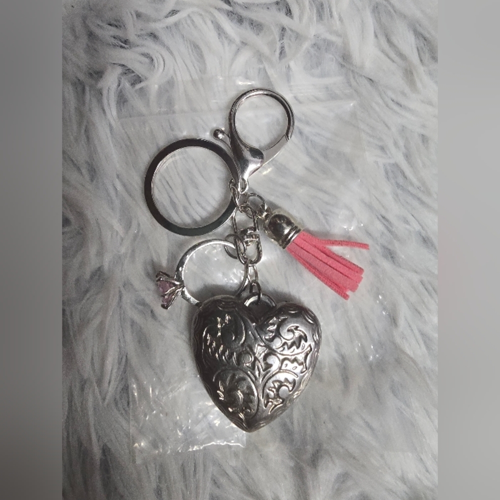 Silver Heart Keychain bag charm with Pink Tassel